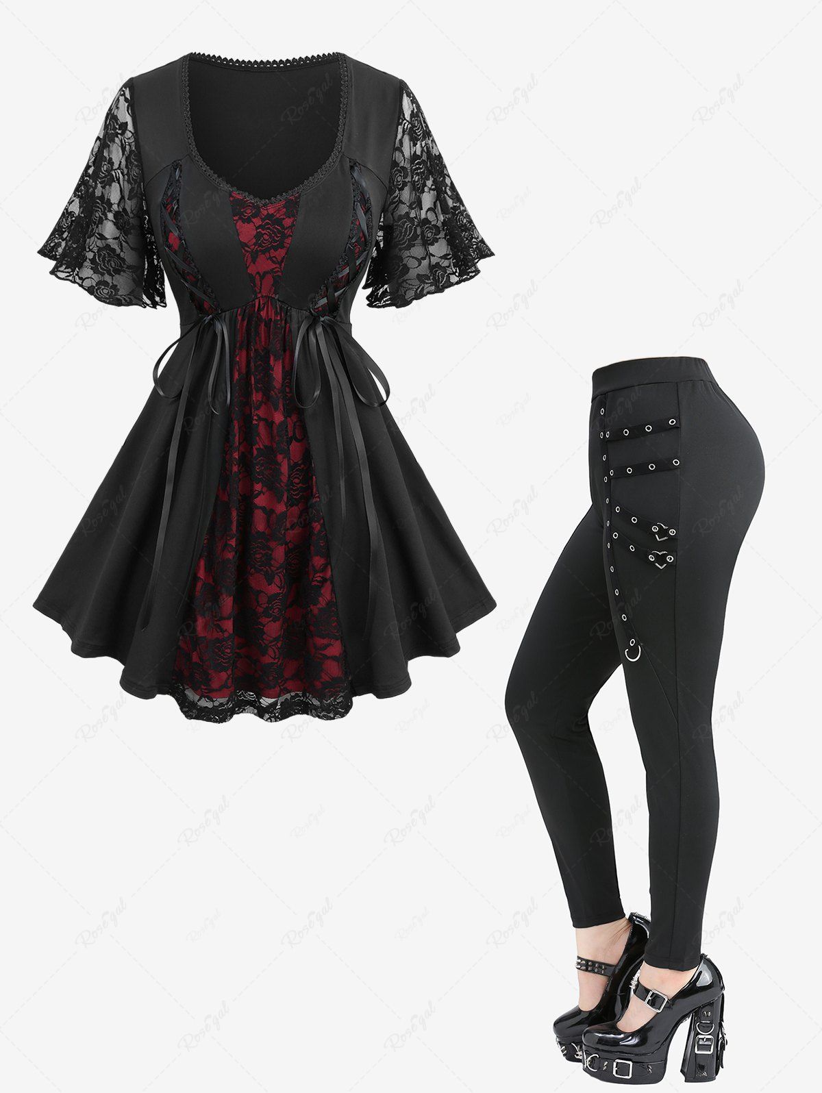 Best Rose Flower Lace Patchwork Lace-up Top and Straps Grommet D-Ring Heart Buckle Leggings Plus Size Outfit  