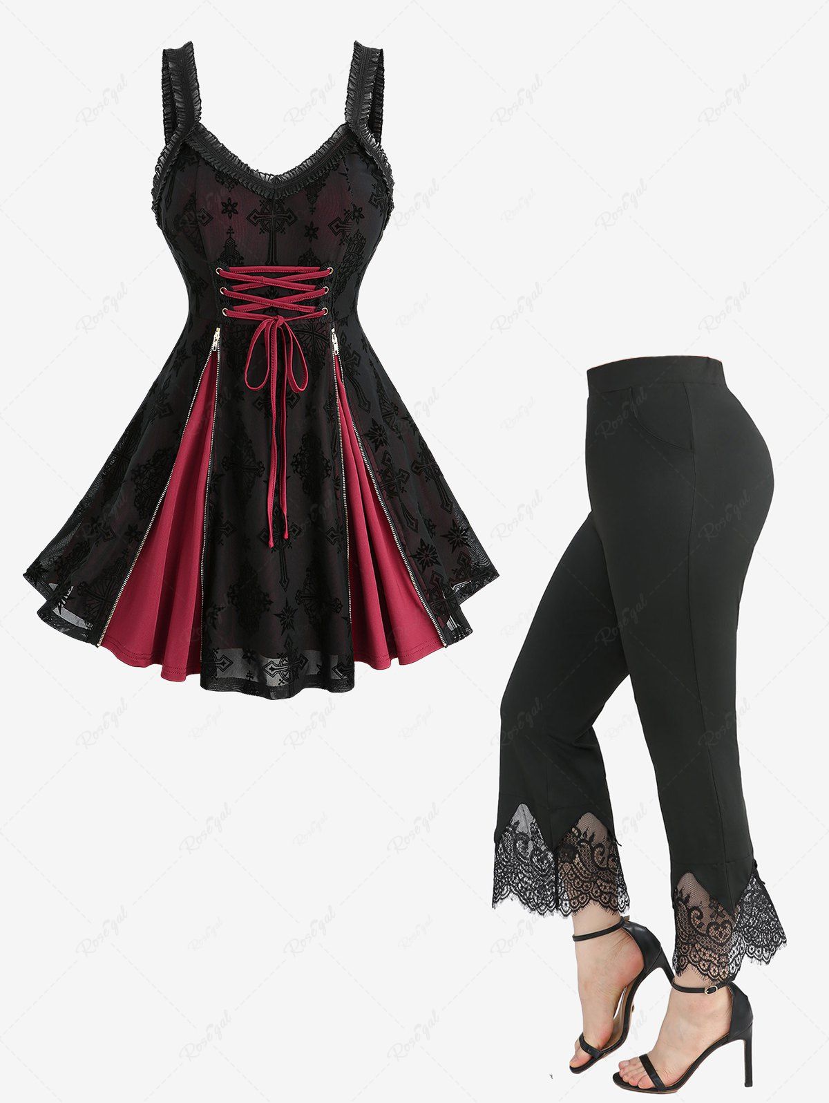 Unique Flocking Mesh Ruffles Lace-up Tank Top and Scalloped Tassel Pockets Flare Pants Plus Size Outfit  