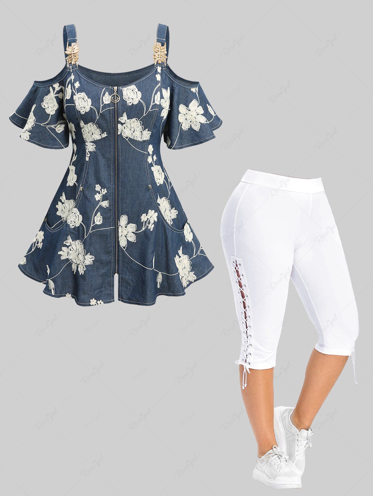 Buy Zip Up Flowers Jacquard Embroidery Cold Shoulder T-shirt and Lace-up Side Capri Pants Plus Size Outfit  