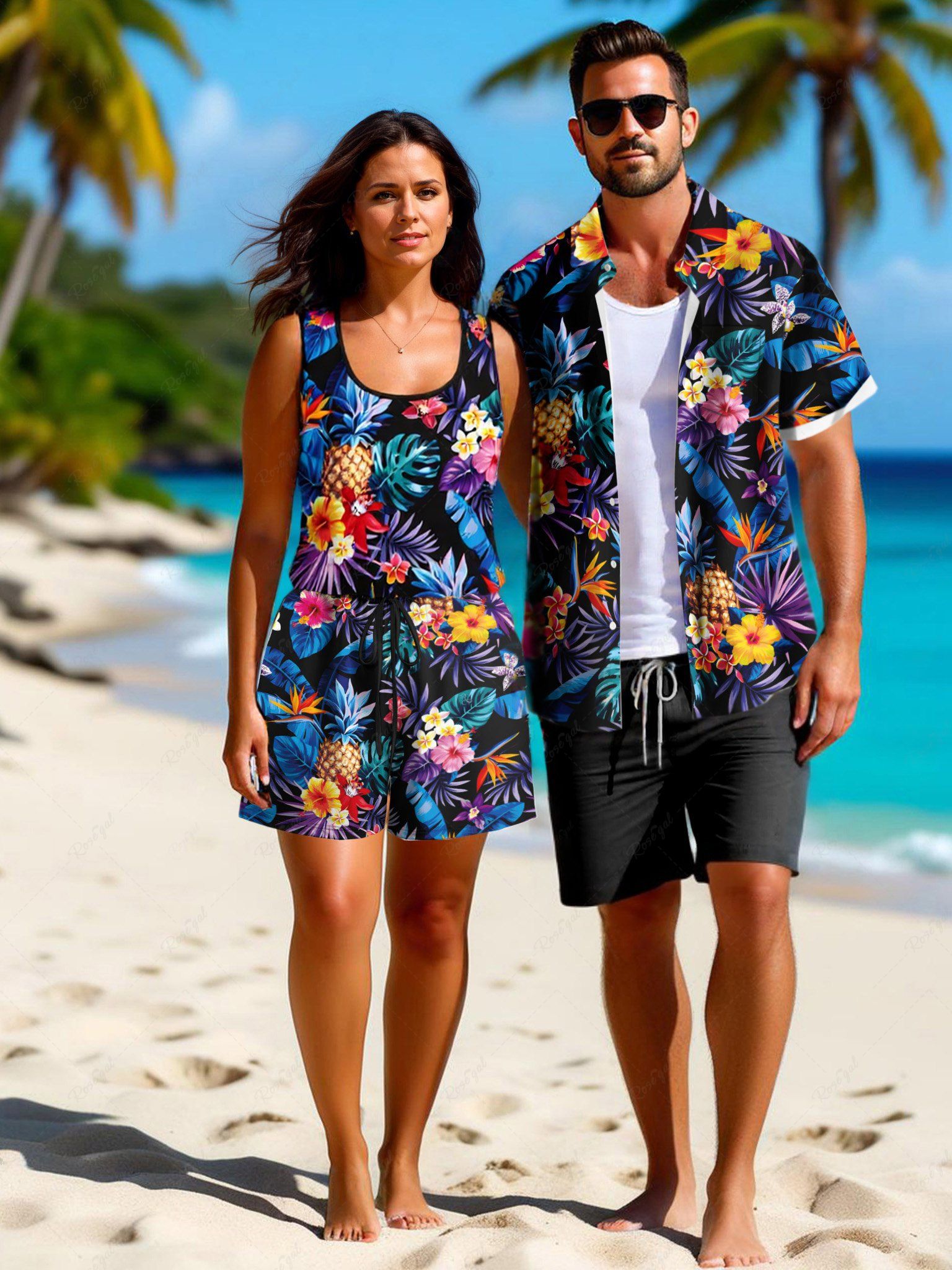 Fashion Matching Hawaii Shirt and Romper Plus Size Beach Outfit Tropical Leaf Hibiscus Printed for Couples  