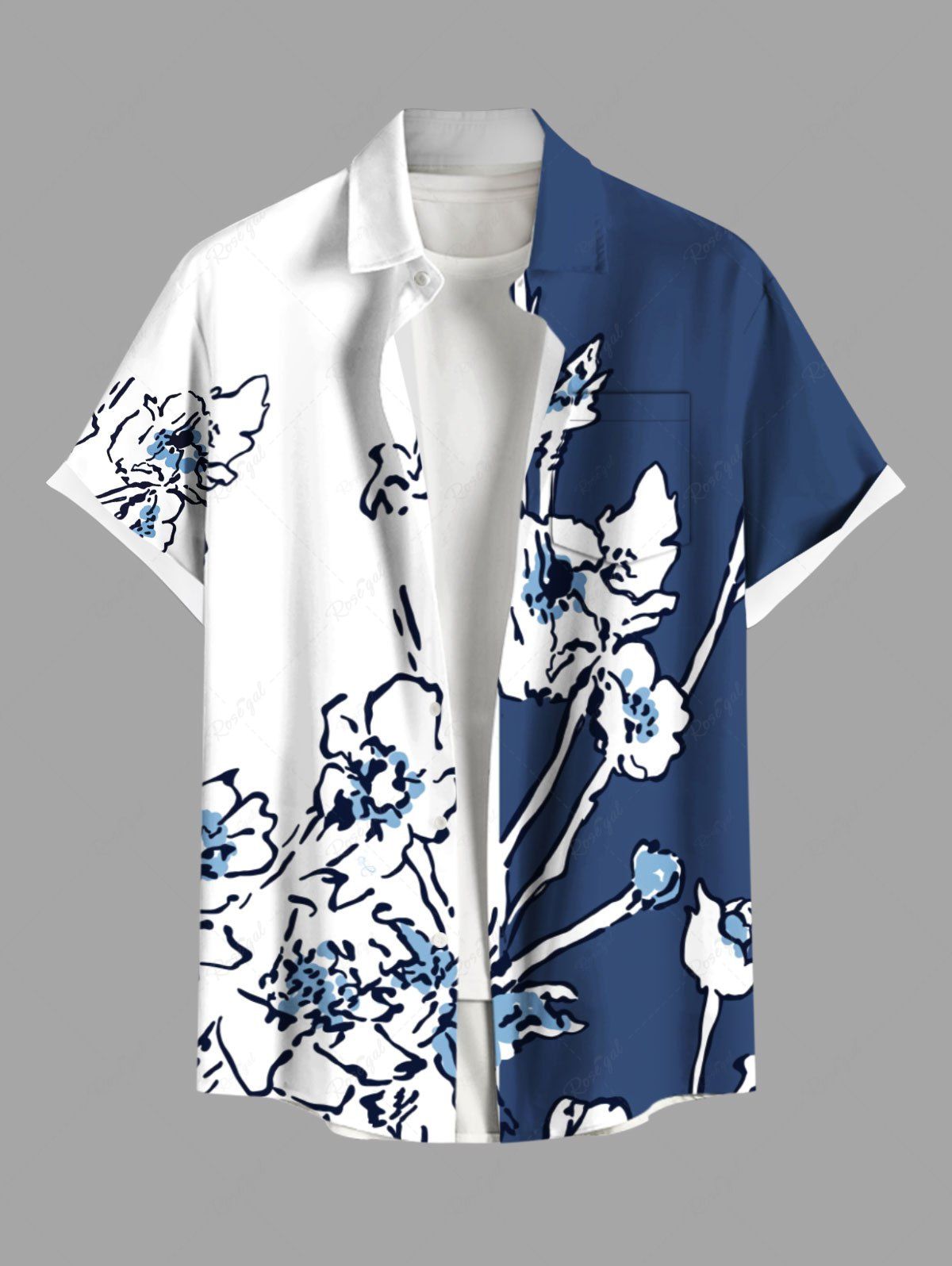 Cheap Plus Size Floral Butterfly Colorblock Print Hawaii Button Pocket Shirt For Men  