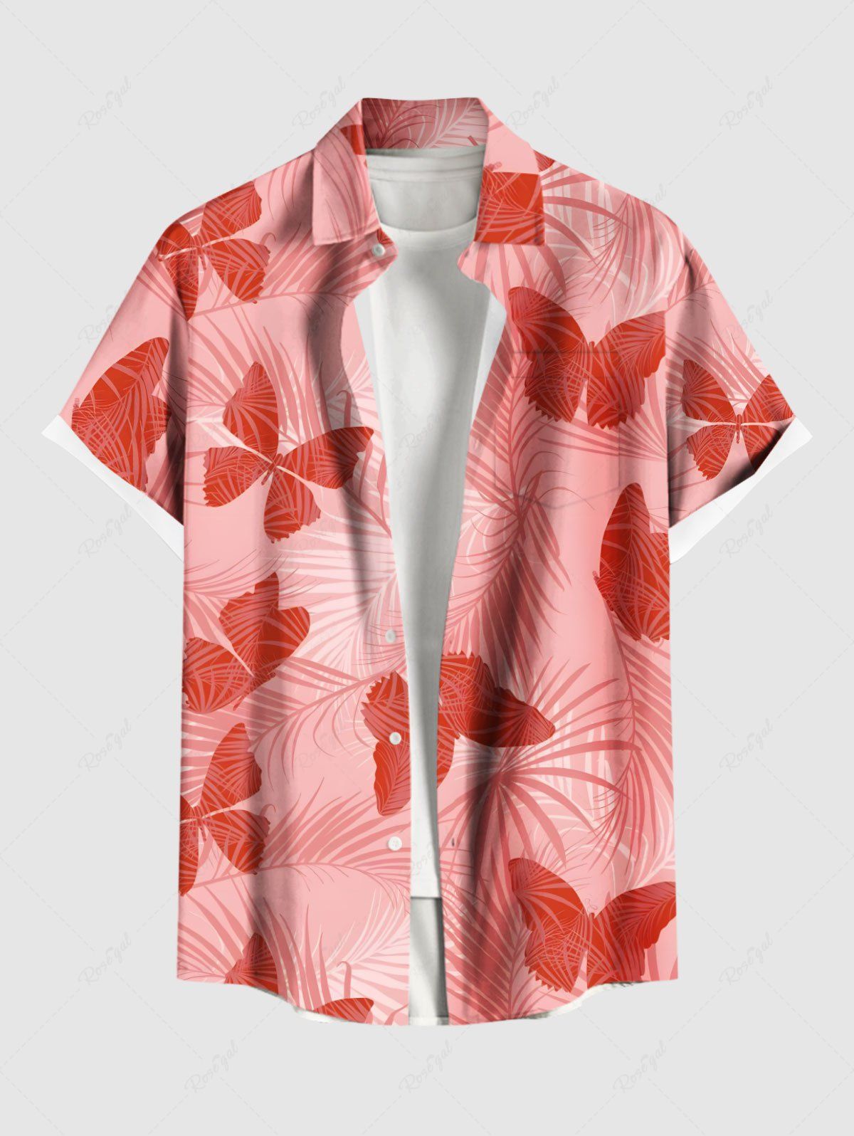 Fashion Plus Size Ombre Tropical Leaves Butterfly Print Hawaii Button Pocket Shirt For Men  