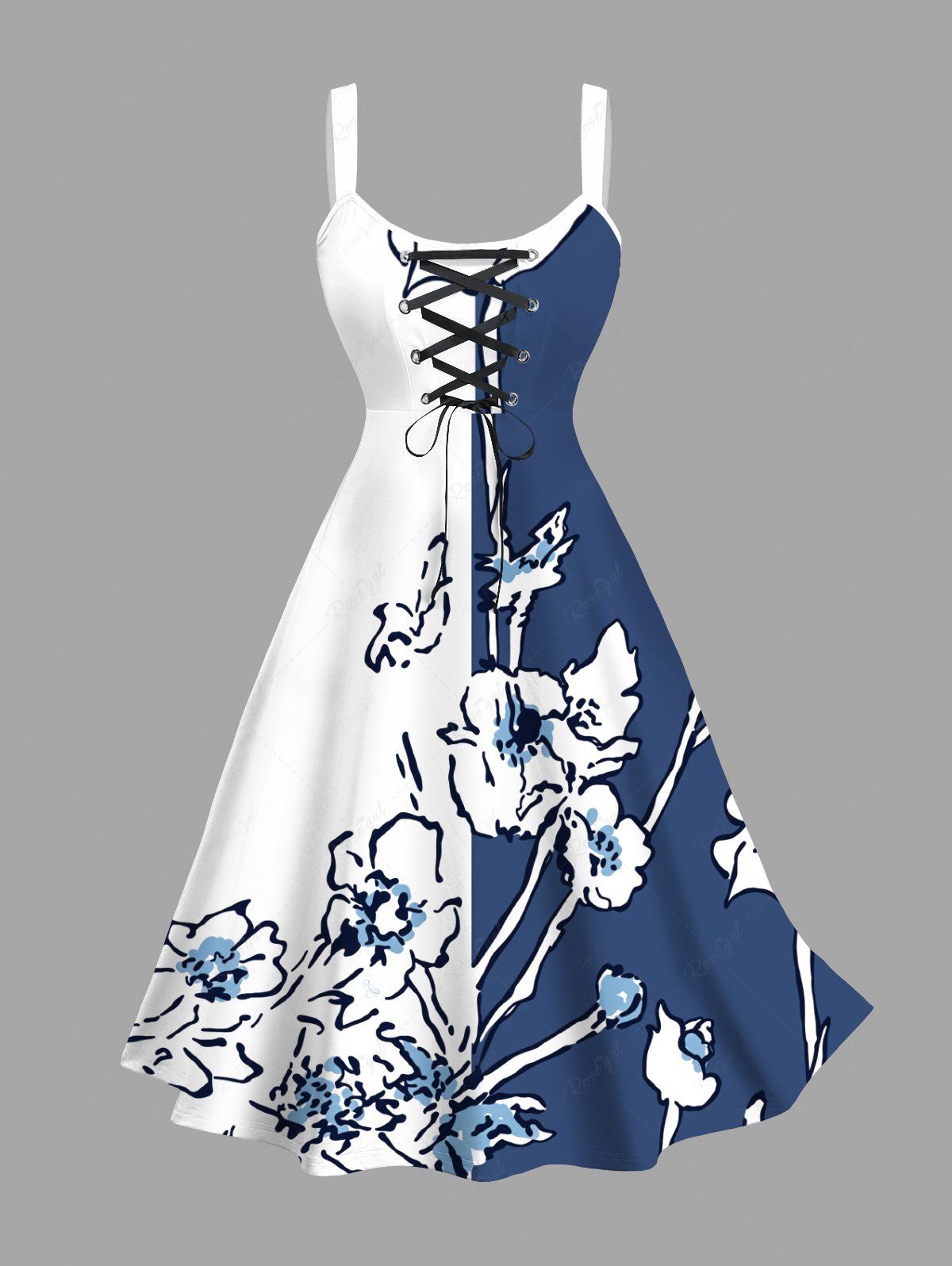Buy Plus Size Floral Butterfly Colorblock Print Hawaii Lace Up A Line Tank Dress  