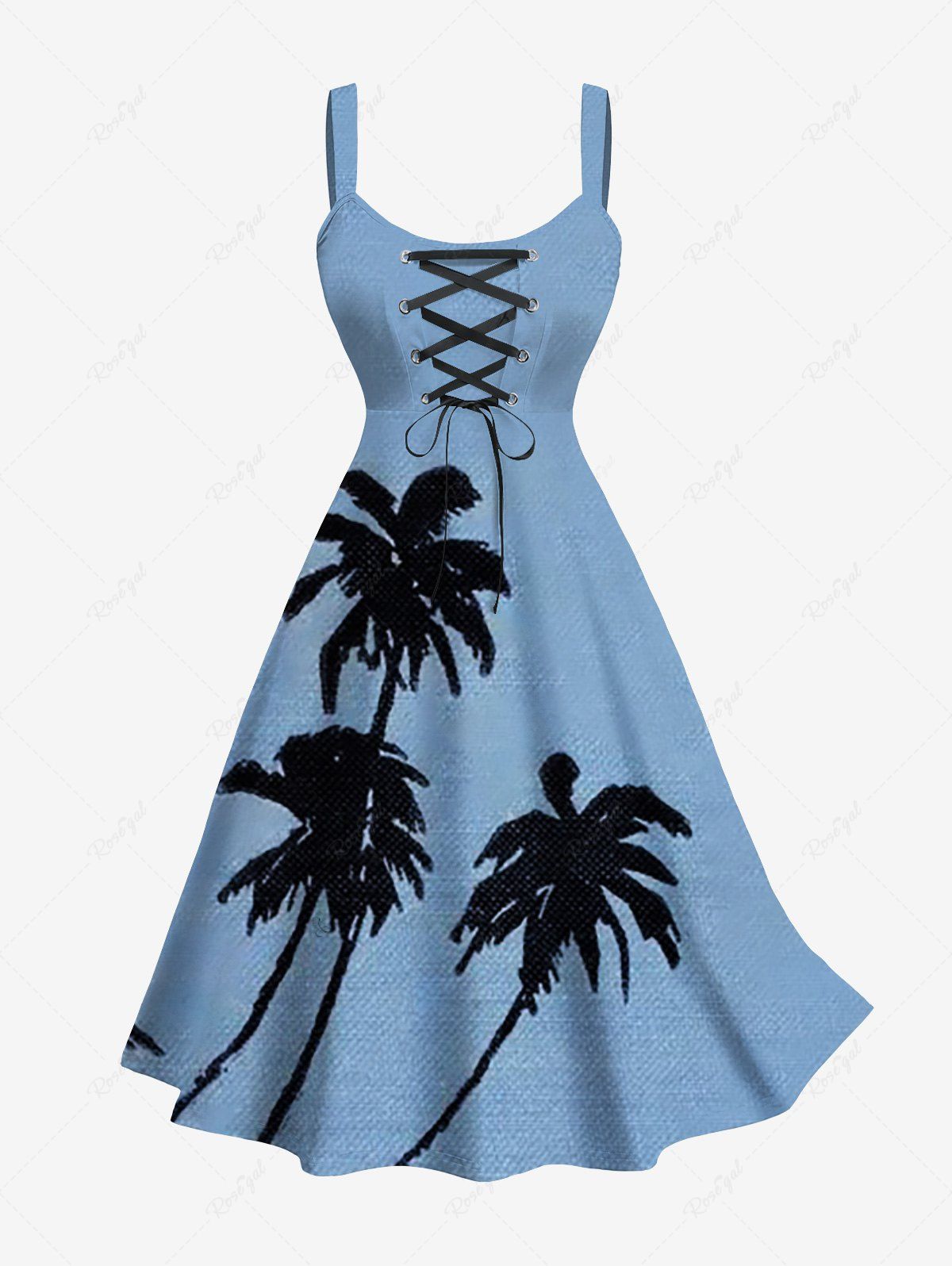 Fashion Plus Size Ink Painting Coconut Tree Print Hawaii Lace Up A Line Tank Dress  