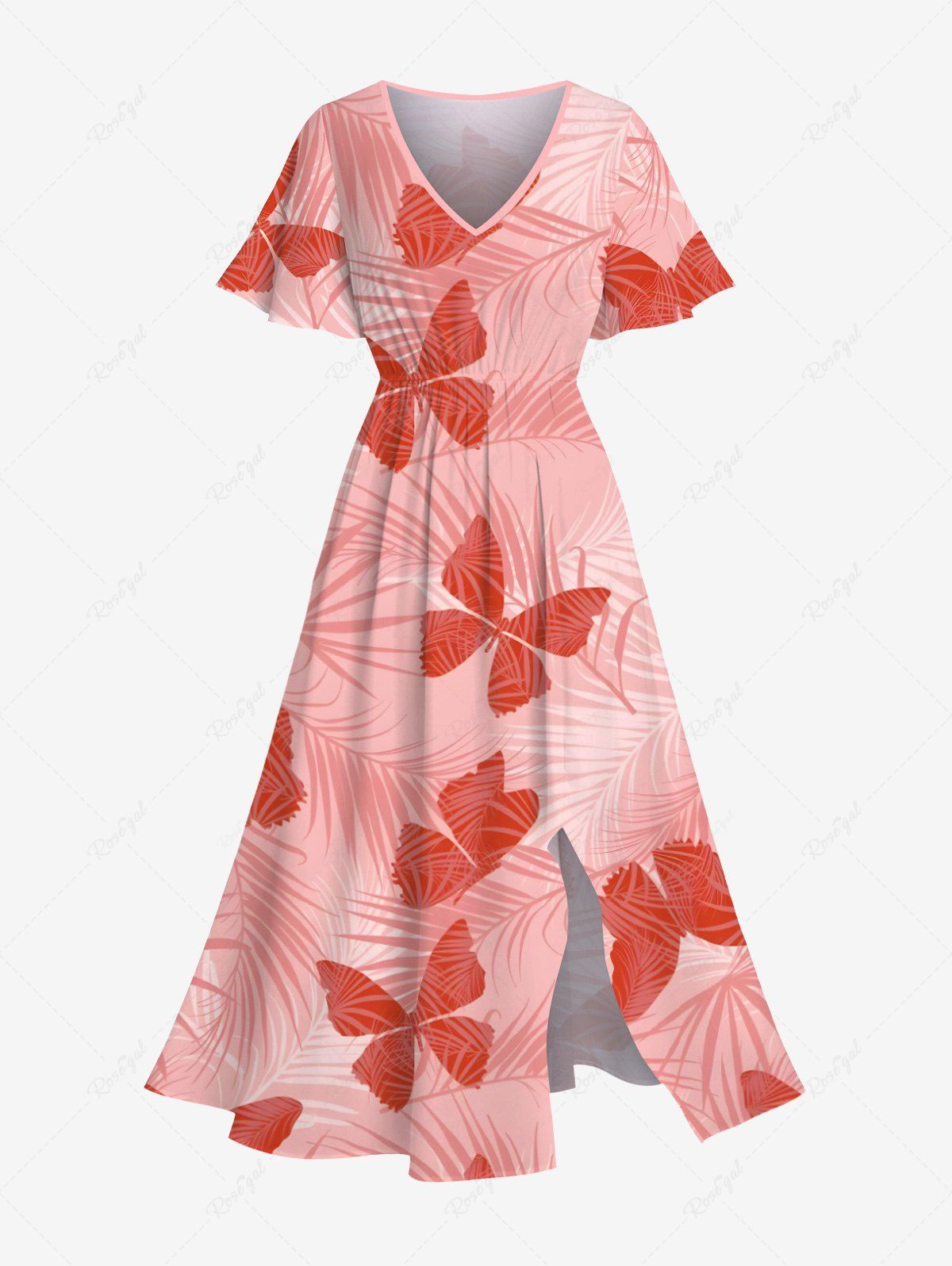 Trendy Plus Size Ombre Tropical Leaves Butterfly Print Hawaii Split Pocket A Line Midi Dress  