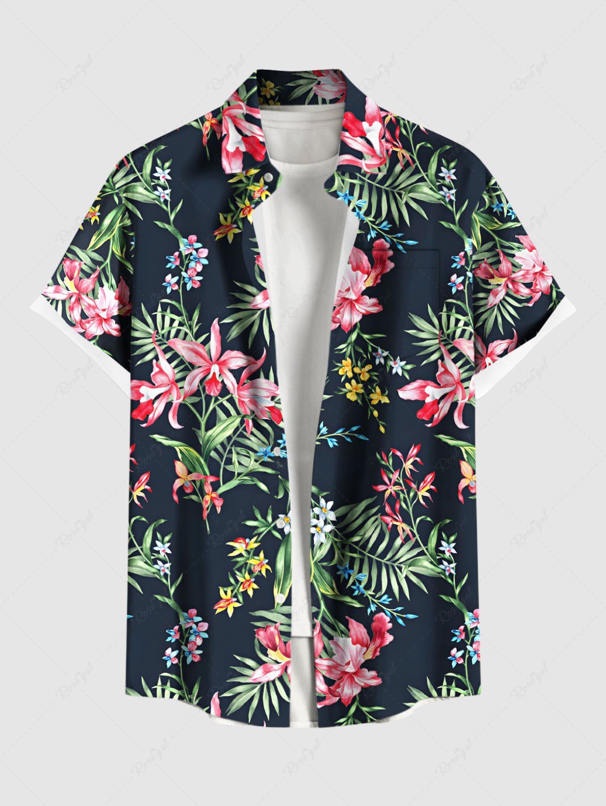 Affordable Plus Size Tropical Leaf Hibiscus Flowers Print Buttons Pocket Hawaii Shirt For Men  