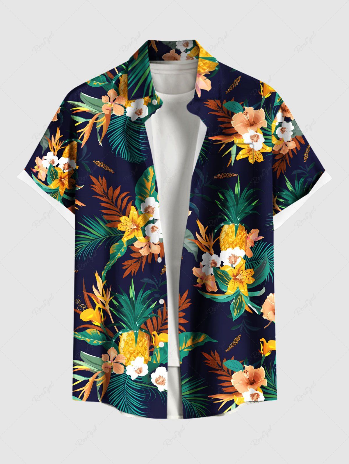 Online Plus Size Tropical Leaf Hibiscus Flowers Print Buttons Pocket Hawaii Shirt For Men  