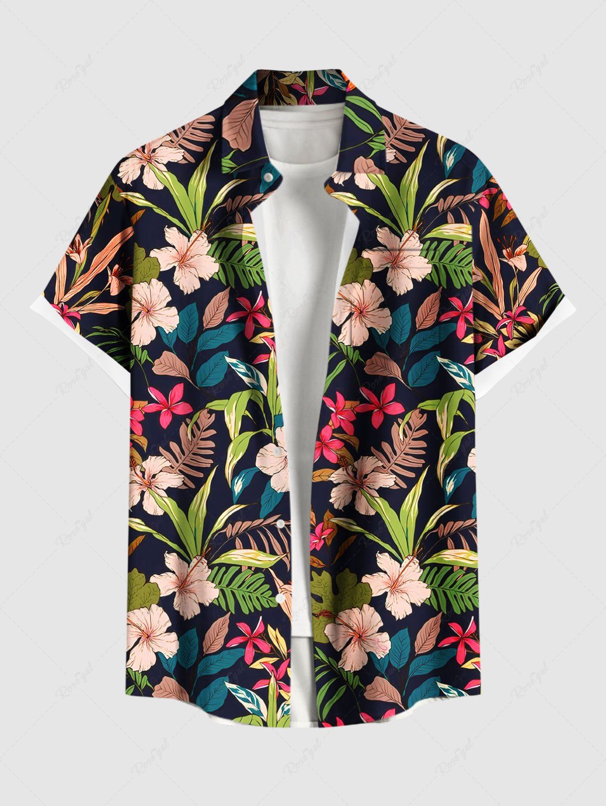Shops Plus Size Tropical Leaf Hibiscus Flowers Print Buttons Pocket Hawaii Shirt For Men  