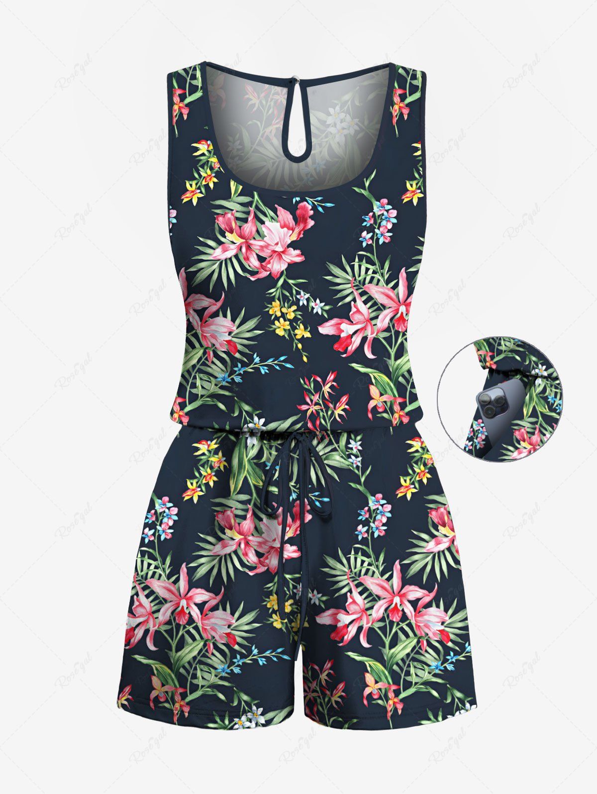 Combinaison hawaïenne cintrée grande taille à imprimé feuilles tropicales et fleurs d'hibiscus Noir 4X