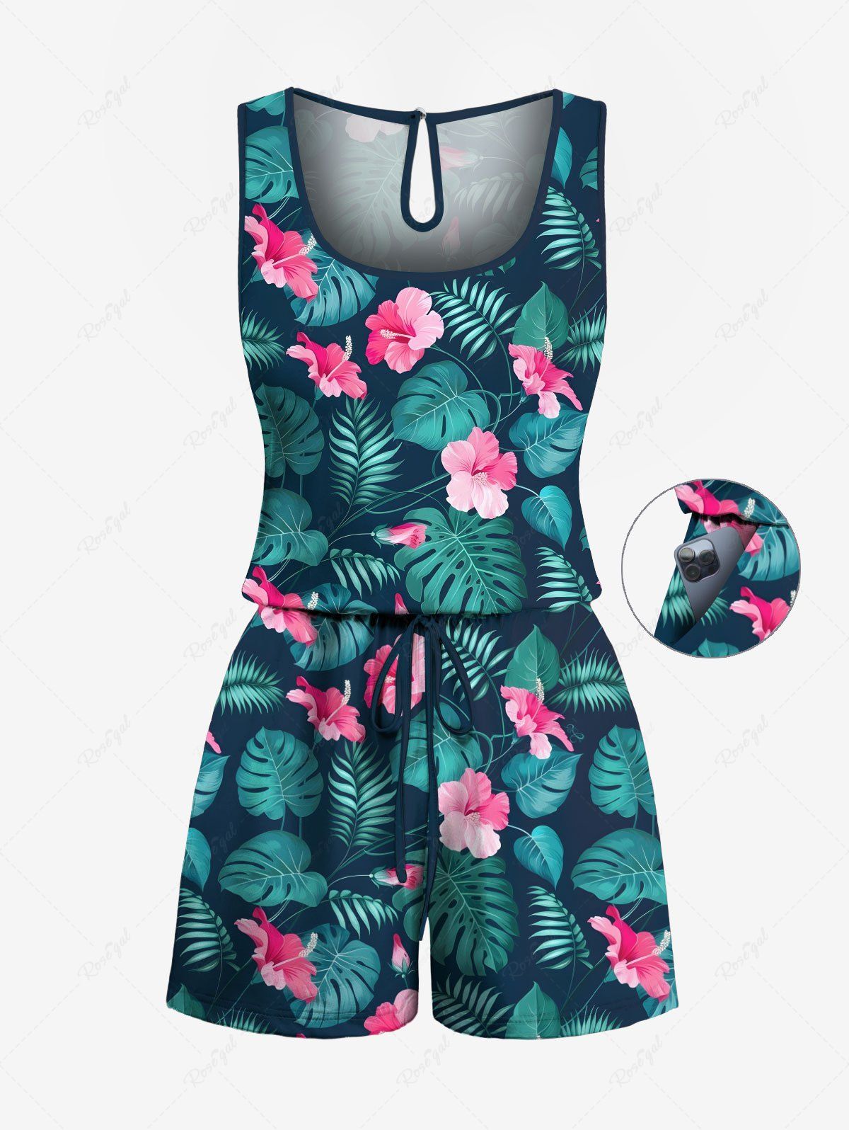 Combinaison hawaïenne cintrée grande taille à imprimé feuilles tropicales et fleurs d'hibiscus Noir L