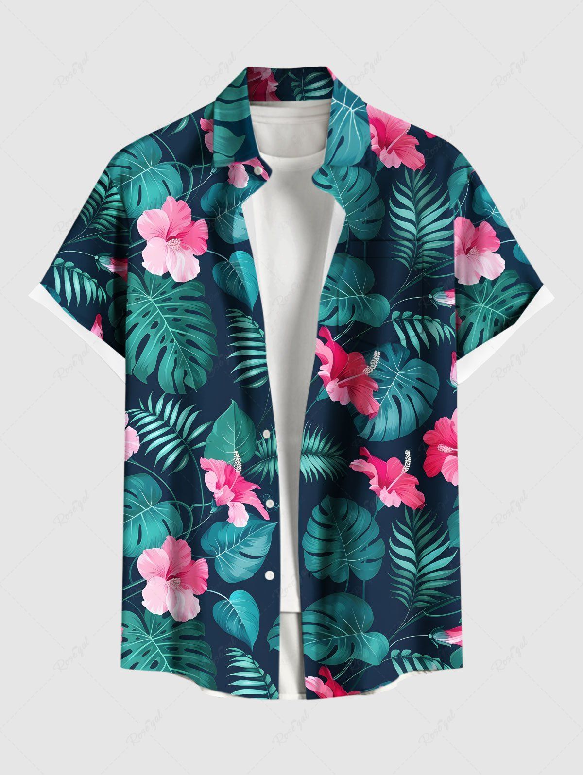 Online Plus Size Tropical Leaf Hibiscus Flowers Print Buttons Pocket Hawaii Shirt For Men  