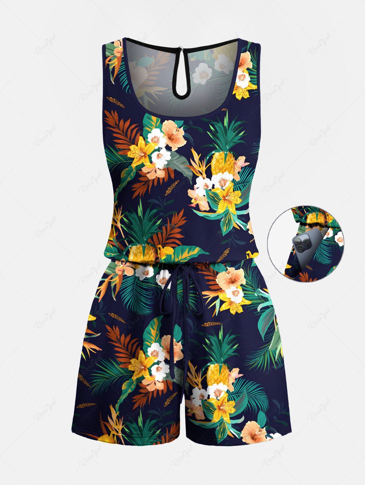 Combinaison hawaïenne cintrée grande taille à imprimé feuilles tropicales et fleurs d'hibiscus Noir S