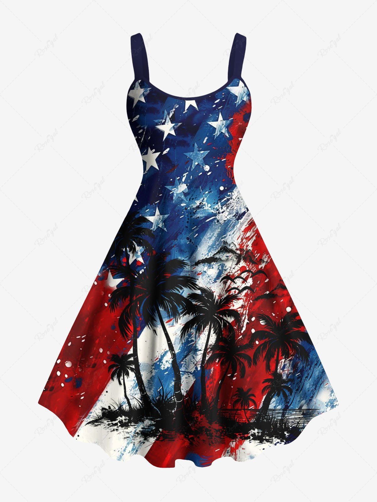 Sale Plus Size Patriotic American Flag Coconut Tree Paint Splatter Print Hawaii Tank Dress  