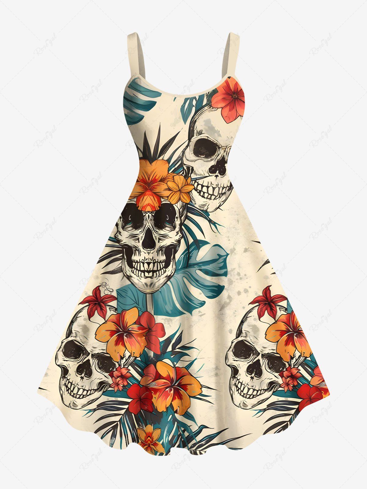 Buy Plus Size Skulls Tropical Leaf Hibiscus Flowers Print Hawaii Tank Dress  
