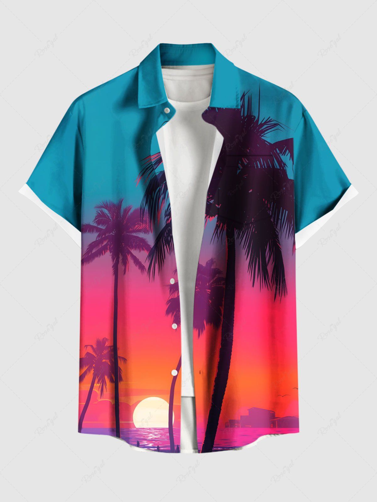 Outfit Plus Size Coconut Tree Sun Ombre Sky Print Buttons Pocket Hawaii Shirt For Men  