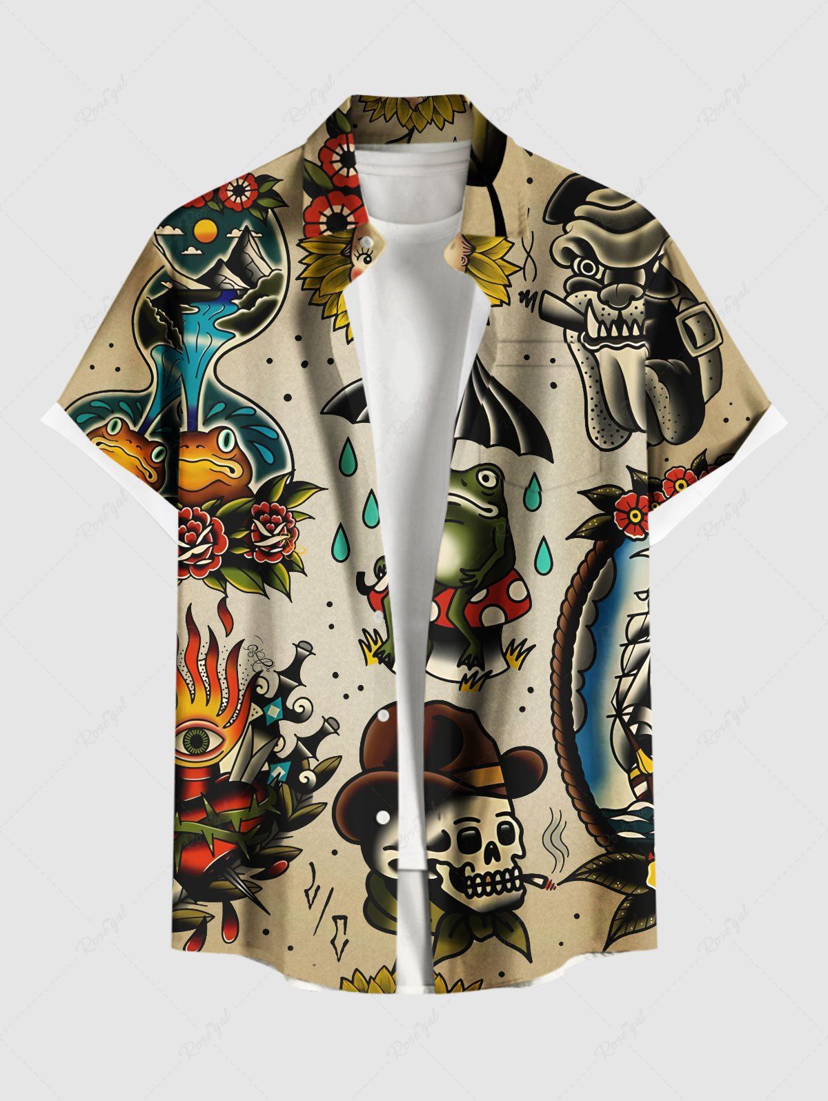 New Plus Size Skull Frog Sunflowers Ship Cruise Print Buttons Pocket Hawaii Shirt For Men  