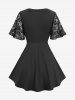 Rose Flower Lace Patchwork Top and Flocking Lace-up Grommet Pull On Flare Pants Plus Size Outfit -  