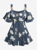 Zip Up Flowers Jacquard Embroidery Cold Shoulder T-shirt and Lace-up Side Capri Pants Plus Size Outfit -  