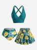Sunflowers Print Crisscross Back Ruched Skirt 3 Piece Tankini Swimsuit -  