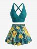 Sunflowers Print Crisscross Back Ruched Skirt 3 Piece Tankini Swimsuit -  