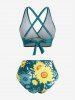 Sunflowers Print Crisscross Back Ruched Skirt 3 Piece Tankini Swimsuit -  