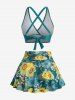 Sunflowers Print Crisscross Back Ruched Skirt 3 Piece Tankini Swimsuit -  