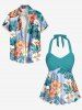 Haut de tankini dos nu à imprimé floral d'hibiscus et feuilles tropicales colorées - Vert 4X