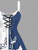 Plus Size Floral Butterfly Colorblock Print Hawaii Lace Up A Line Tank Dress - Blanc S