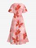 Plus Size Ombre Tropical Leaves Butterfly Print Hawaii Split Pocket A Line Midi Dress -  