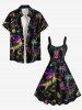 Robe débardeur hawaïenne trapèze grande taille, motif dinosaure, cocotier, ananas, jus de fraise, motif coloré ombré - Noir 6X