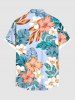 Plus Size Colorful Tropical Leaf Hibiscus Flower Print Hawaii Button Pocket Shirt For Men -  