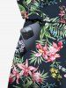 Combinaison hawaïenne cintrée grande taille à imprimé feuilles tropicales et fleurs d'hibiscus - Noir 4X
