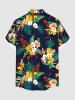 Plus Size Tropical Leaf Hibiscus Flowers Print Buttons Pocket Hawaii Shirt For Men -  