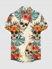 Chemise hawaïenne grande taille à imprimé tête de mort, feuilles tropicales, fleurs d'hibiscus, boutons et poches pour homme - café lumière 4XL