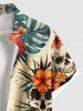 Chemise hawaïenne grande taille à imprimé tête de mort, feuilles tropicales, fleurs d'hibiscus, boutons et poches pour homme - café lumière 4XL