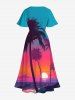 Robe mi-longue hawaïenne fendue grande taille à imprimé cocotier, soleil, ciel ombré - Rouge XXS