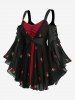 Plus Size Cherry Embroidery Twsit Lace Trim Ruched Lace-up Flare Sleeves Cold Shoulder Top -  