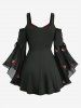 Plus Size Cherry Embroidery Twsit Lace Trim Ruched Lace-up Flare Sleeves Cold Shoulder Top -  