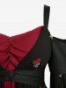 Plus Size Cherry Embroidery Twsit Lace Trim Ruched Lace-up Flare Sleeves Cold Shoulder Top -  