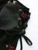 Plus Size Cherry Embroidery Twsit Lace Trim Ruched Lace-up Flare Sleeves Cold Shoulder Top -  