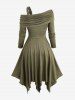 Robe asymétrique à une épaule, froncée, à œillets et à volants, ornée de fronces - Vert profond XL