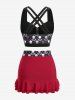 Plus Size Skulls Heart Print Crisscross Cinched Ruffles Asymmetrical Skirt Tankini Swimsuit -  