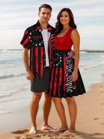 Patriotic American Flag Letters Print Plus Size Matching Outfit For Couples - BLACK