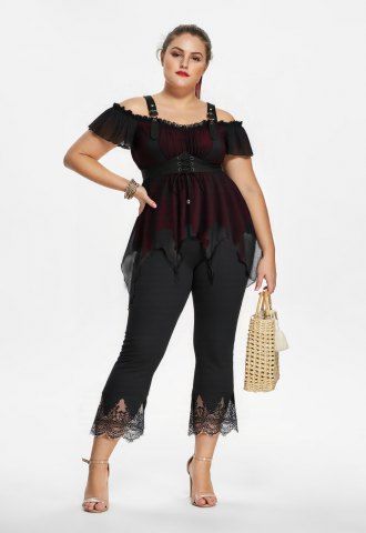 Lace Up Mesh Cold Shoulder Asymmetrical Blouse and Scalloped Tassel Flare Pants Plus Size Outfit - BLACK