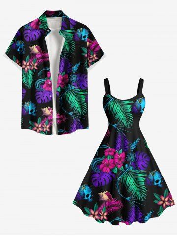 Colorful Tropical Leaf Flower Skull Skeleton Mermaid Snake Print Plus Size Matching Hawaii Beach Outfit For Couples - BLACK
