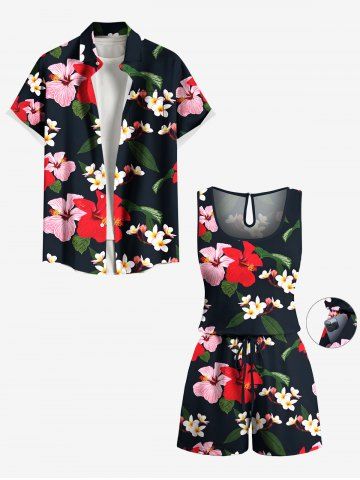 Matching Hawaii Shirt and Romper Plus Size Beach Outfit Colorful Floral Leaves Print For Couples