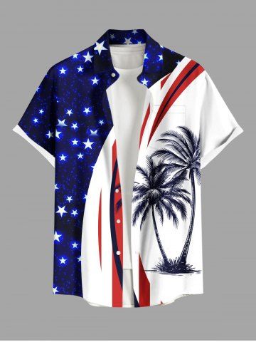 Plus Size Coconut Tree Patriotic American Flag Curve Print Hawaii Button Pocket Shirt For Men - BLUE - XL
