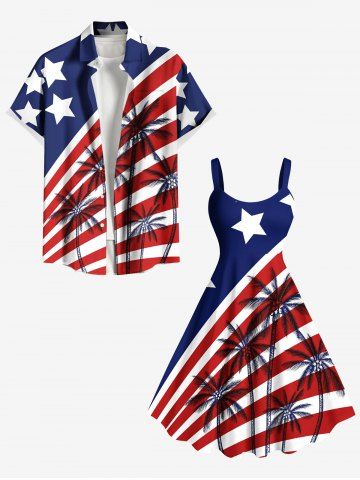 Patriotic American Flag Coconut Tree Print Plus Size Matching Outfit For Couples - RED