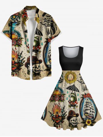 Skull Frog Sunflowers Ship Cruise Print Plus Size Matching Hawaii Beach Outfit For Couples - LIGHT COFFEE