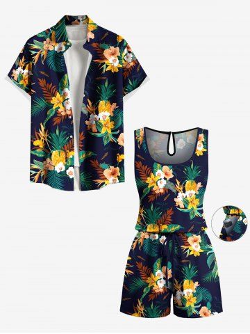 Matching Hawaii Shirt and Romper Plus Size Beach Outfit Tropical Leaf Hibiscus Printed for Couples
